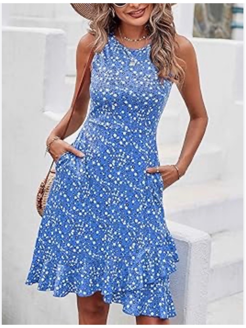 Sleeveless Blue Floral Midi Dress with Ruffle Hem - Picture 3 of 12